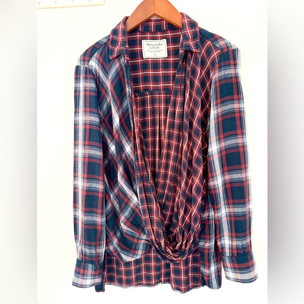 Abercrombie & Fitch Women Plaid Top Draped Wrap Blouse A&F Shirt V Neck Size M
